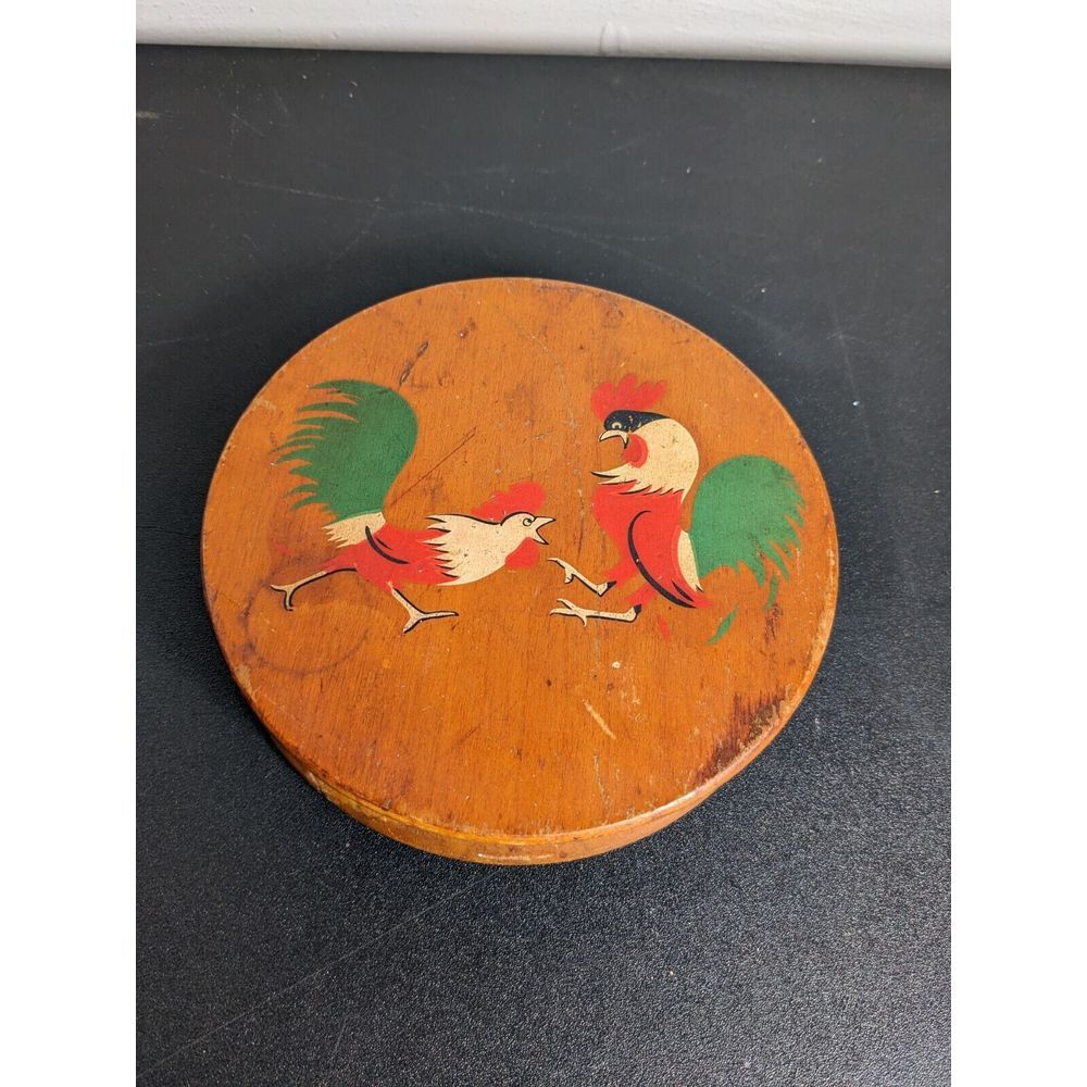 Vintage Wooden Hamburger Press Fighting Roosters Hand Painted Japan Kitchen Tool